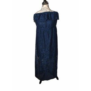 Deb Womens 1X Navy Lace Flowy Maxi Dress Off Shoulder Strap Boho Resort‎ Summer